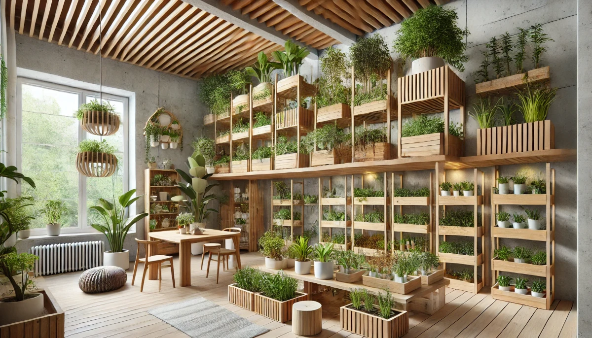 Horta vertical organizada em um espaço pequeno, com painéis de madeira, prateleiras e suportes suspensos, garantindo fácil acesso às plantas e um layout otimizado para circulação e manutenção eficiente.