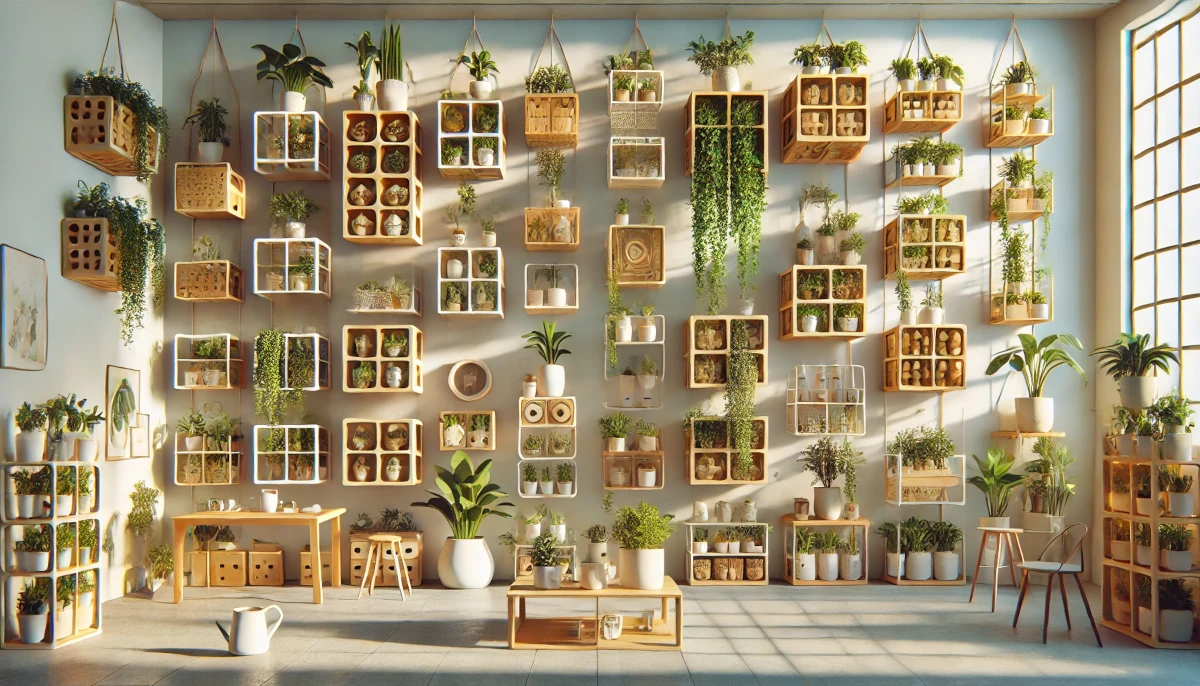 Diferentes tipos de estruturas moduláveis para hortas verticais, incluindo painéis de parede, prateleiras multiandares, vasos suspensos e caixas empilháveis, organizadas com plantas verdes e saudáveis, destacando funcionalidade e inovação para pequenos espaços.