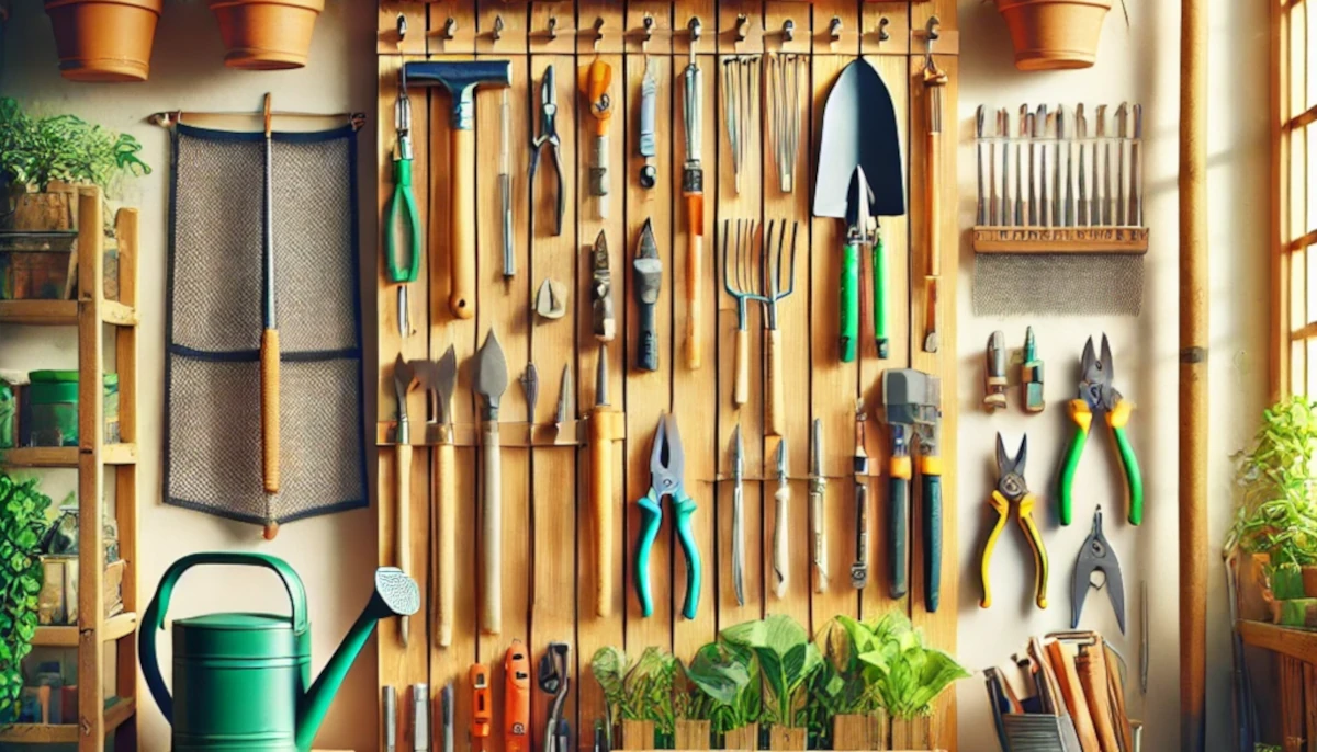 Conjunto de ferramentas essenciais para construir uma horta vertical.