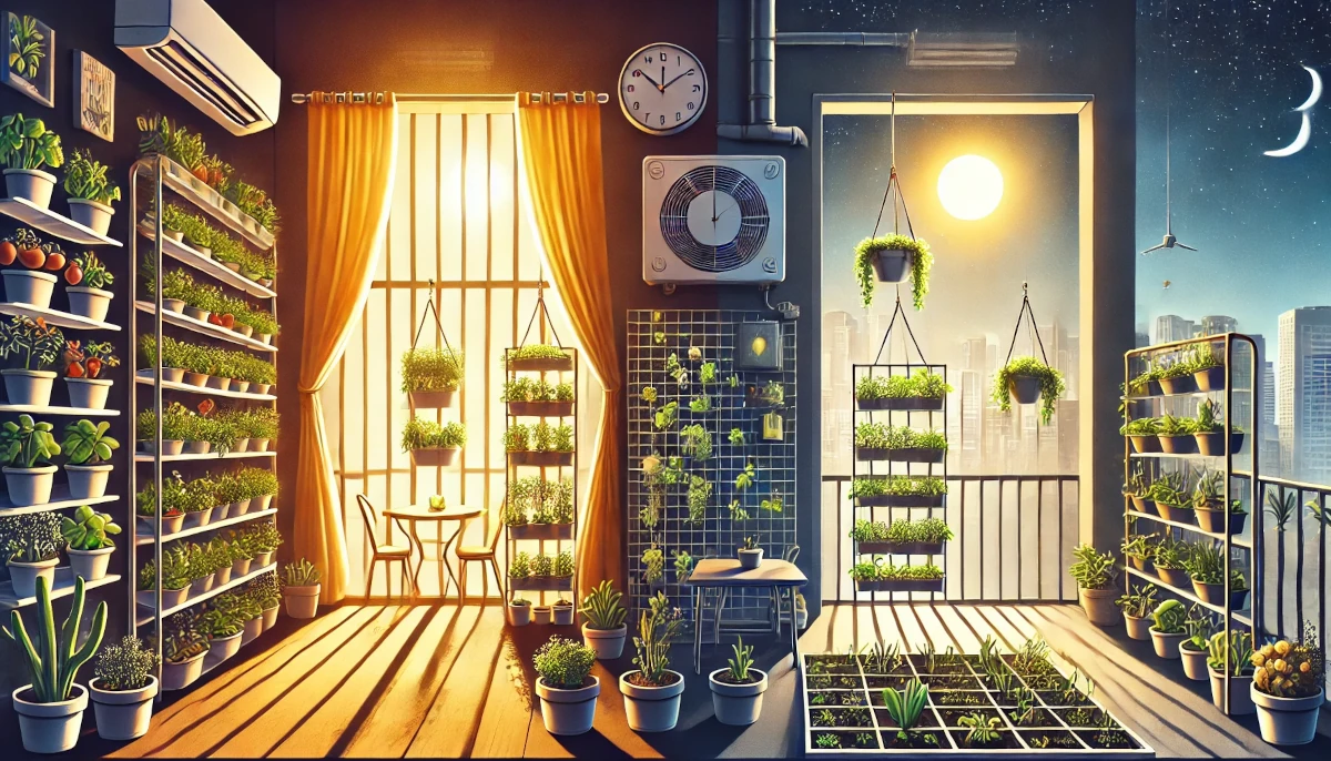 Comparação entre uma horta vertical interna, posicionada perto de uma janela com luz natural, e uma horta externa exposta ao sol em um quintal.