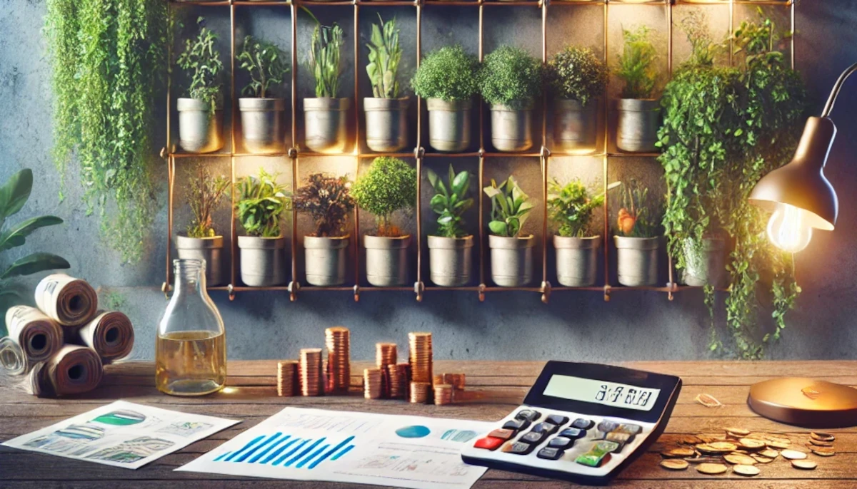 Ilustração de uma horta vertical urbana com vasos organizados em prateleiras, ao lado de um cofrinho e moedas, representando planejamento financeiro para montar e manter uma horta de forma econômica.